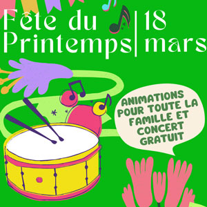 affiche fête du printemps avec tambour et notes de musiques 