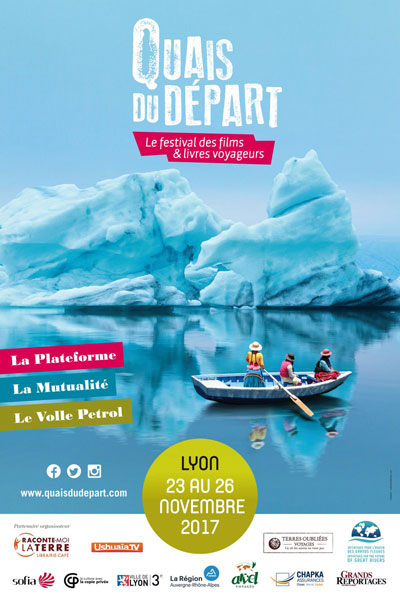 Affiche du festival Quais du départ 2017 représentant une barque passant devant un glacier